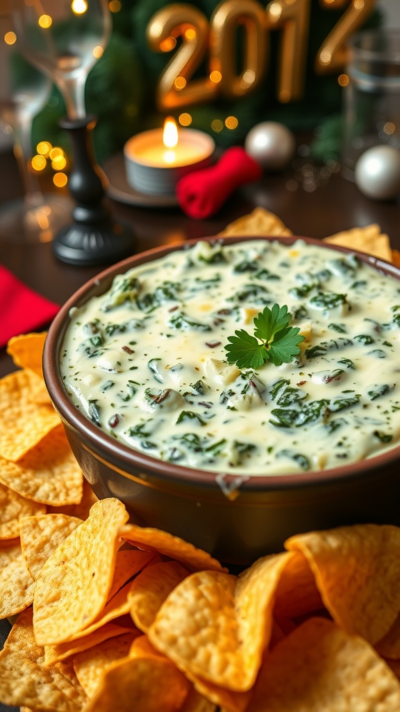Creamy spinach and artichoke dip in a bowl with tortilla chips, set against a festive New Year